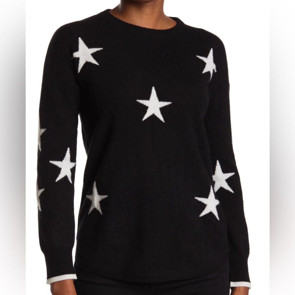 Catherine Malandrino Black 100% Cashmere Star Print Crew Neck Sweater size XL